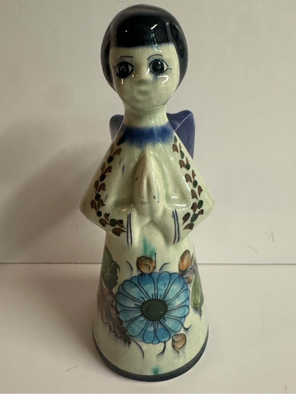 Vintage 1960s CAT Signed Tonala Pottery Angel Candle Holder.Gray + Blue Folk Art